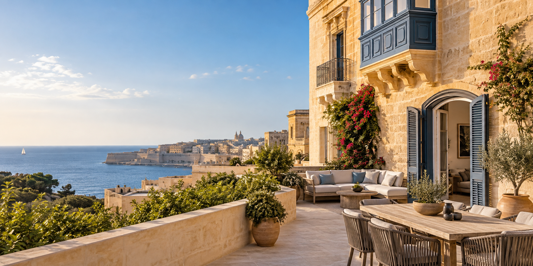 Sunlit Maltese limestone home overlooking the Mediterranean